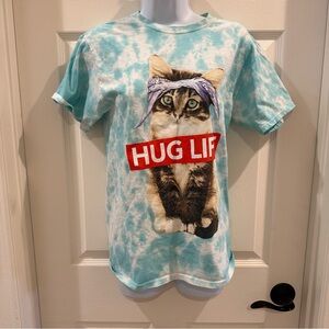 Hug Life Cat Graphic Tee - Tie Dye Blue Small